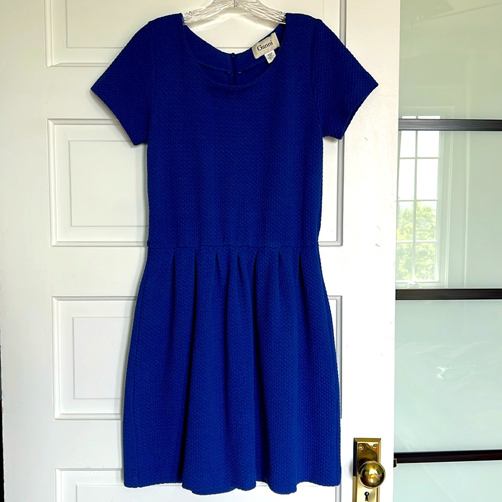 Ganni Short Sleeve Blue Textured Dress Womens Medium